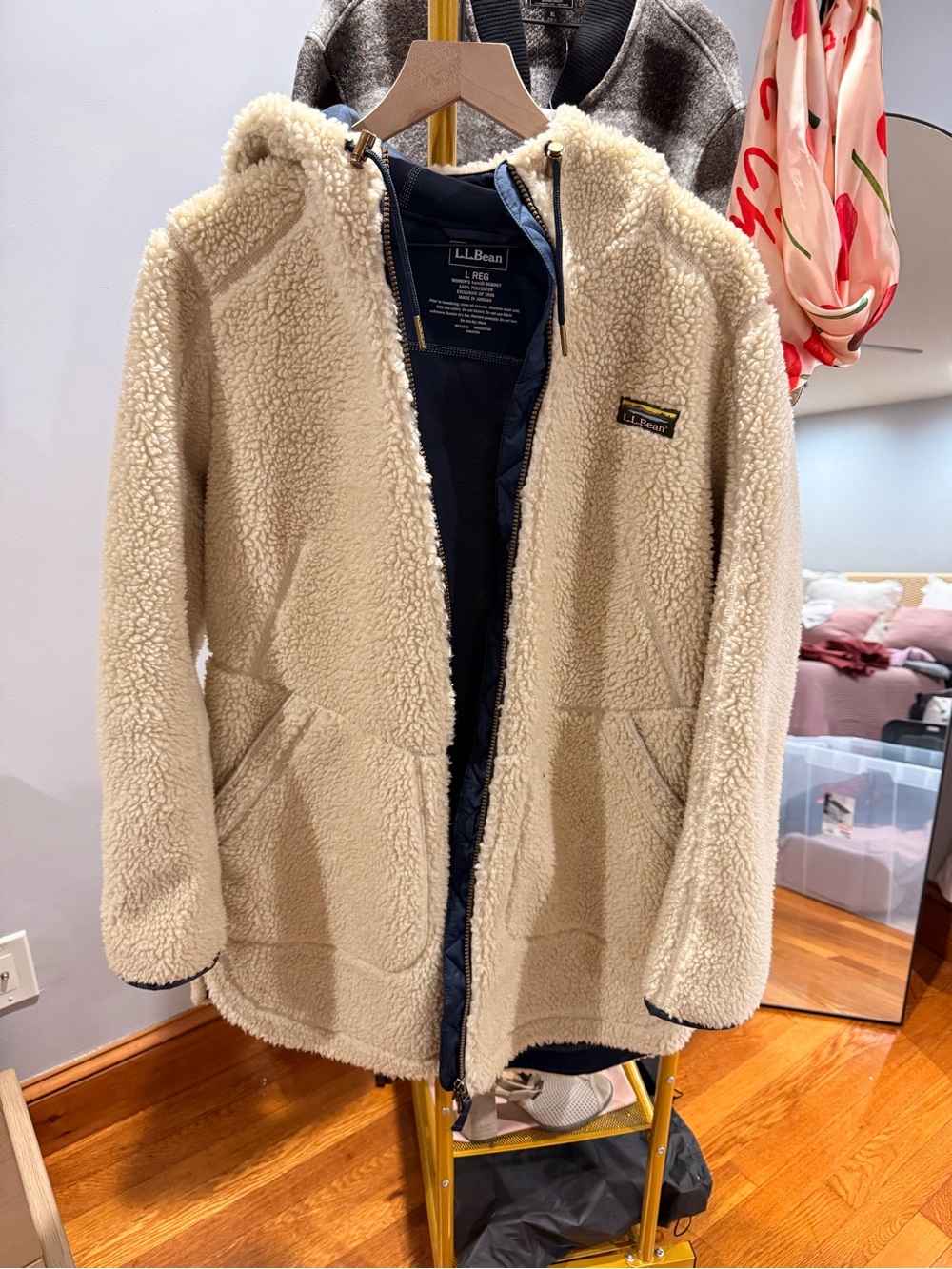 L.L. Bean Cream Sherpa Hooded Jacket with Navy Trim